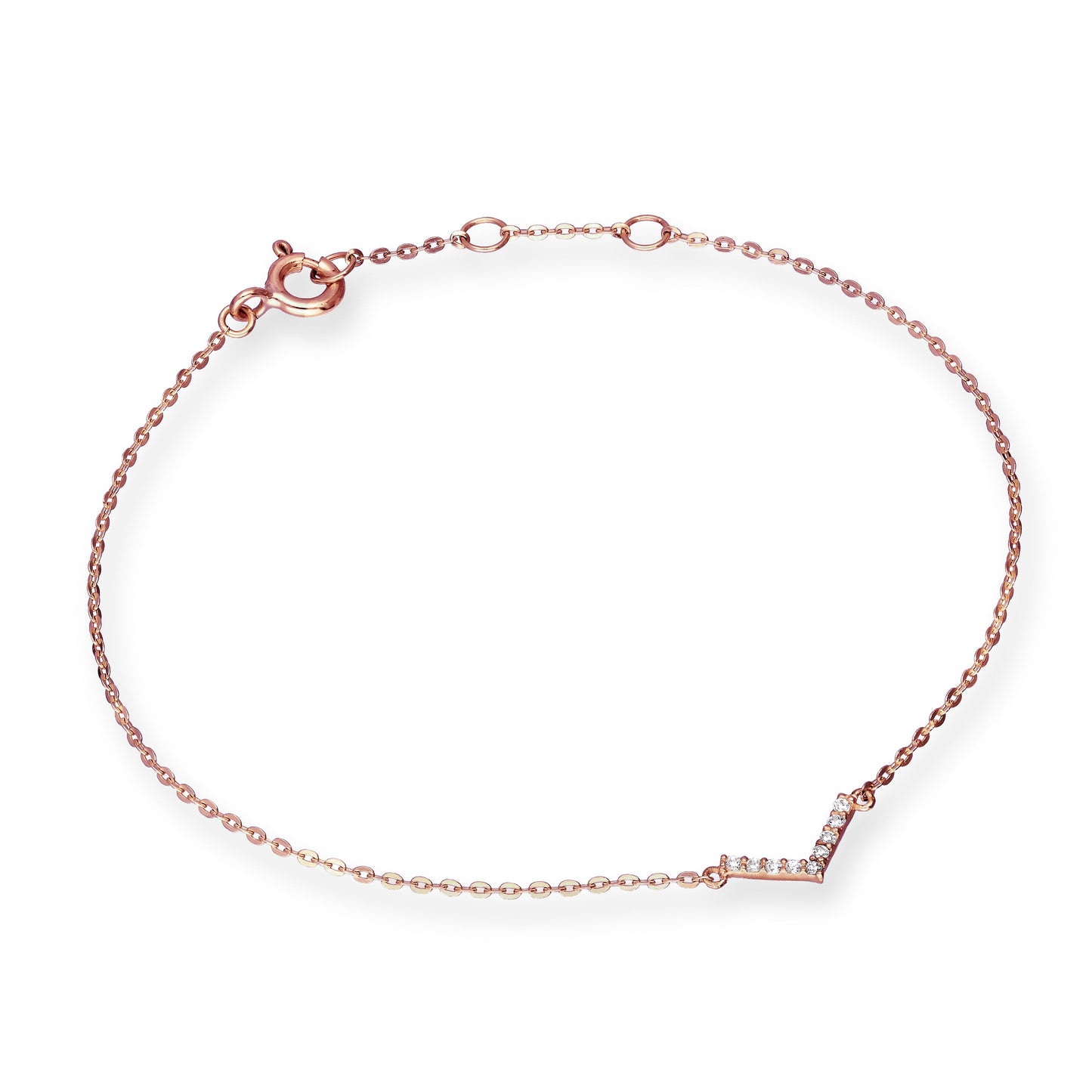 Bracelet lettre V en or rose 9 carats et cristal CZ transparent, 18 cm