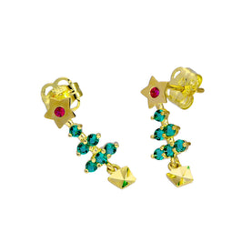 Boucles d'oreilles à tige en or 9 carats avec oxydes de zirconium rubis et émeraude en forme de sapin de Noël coloré