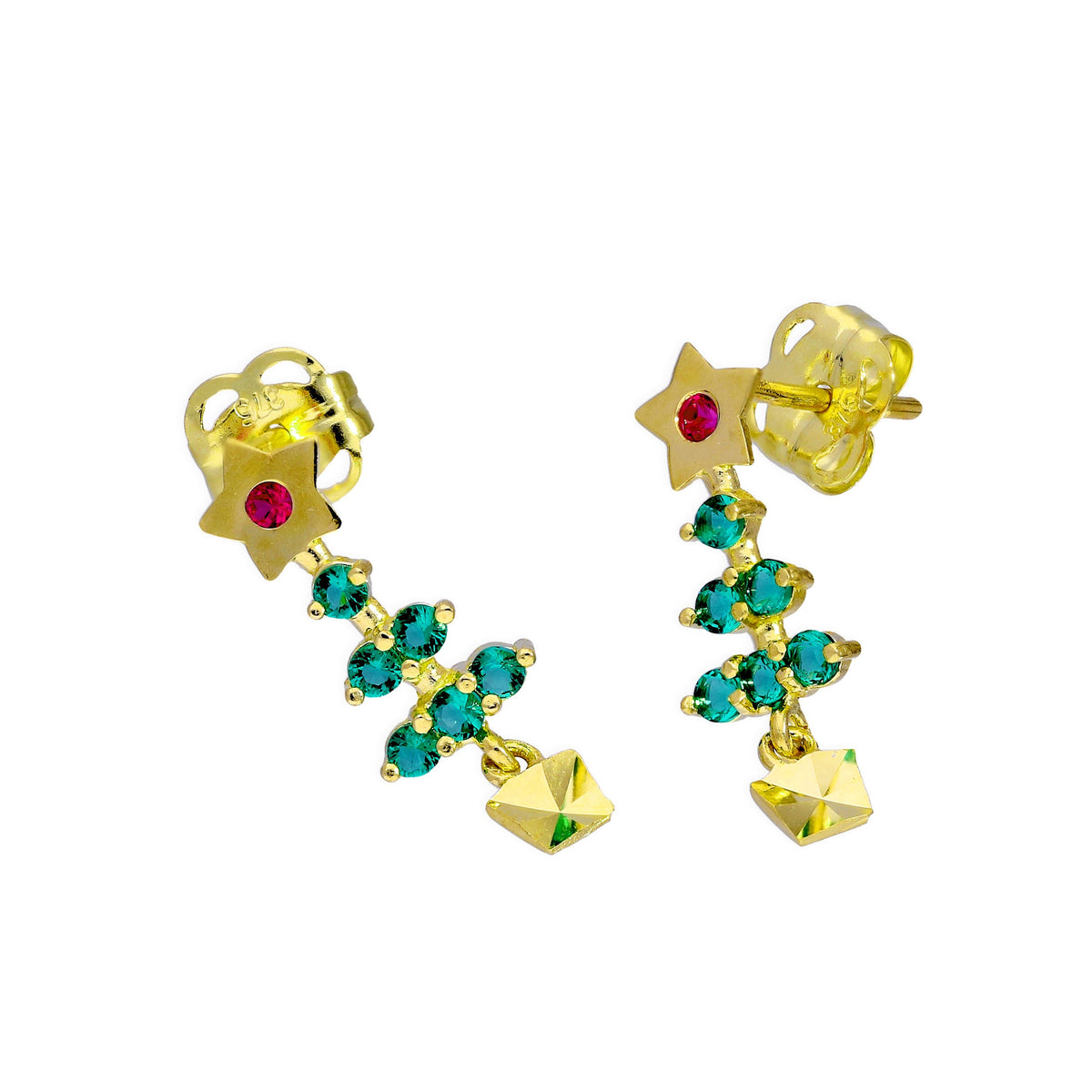 Boucles d'oreilles à tige en or 9 carats avec oxydes de zirconium rubis et émeraude en forme de sapin de Noël coloré