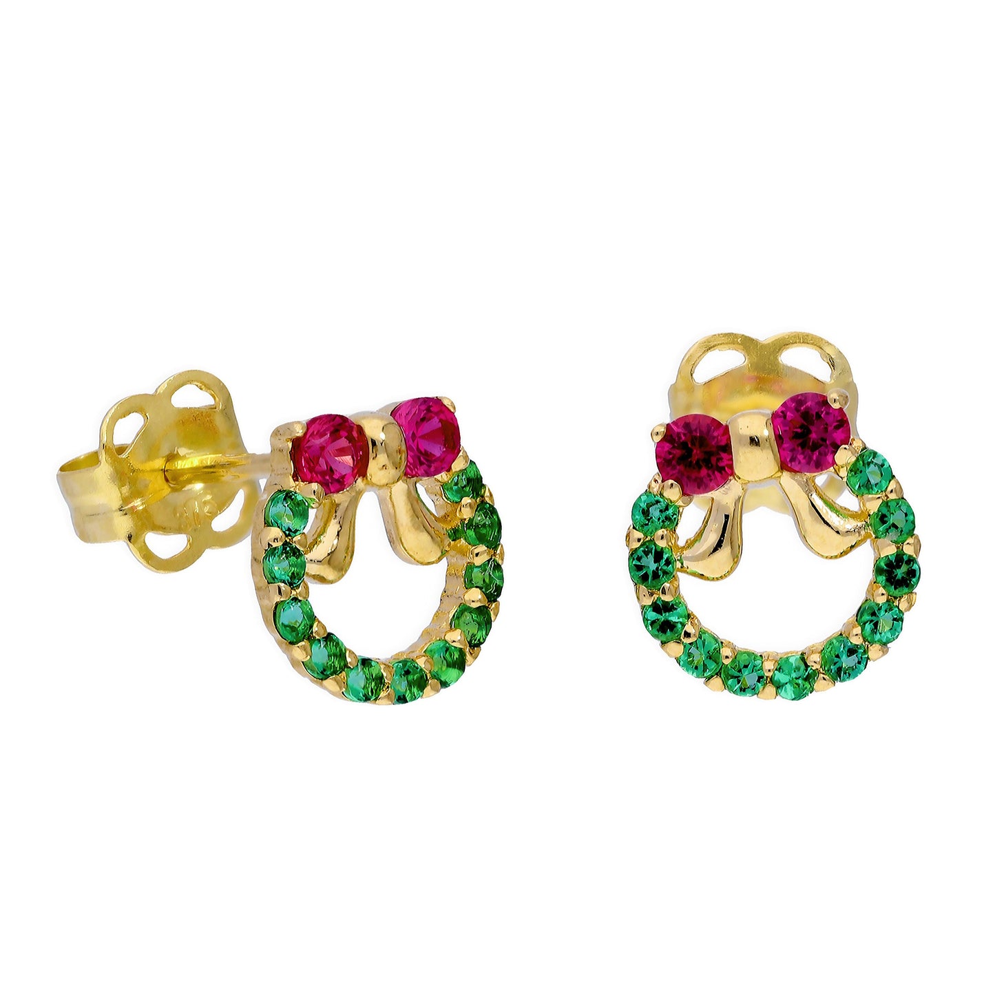 Boucles d'oreilles à tige en or 9 carats avec rubis et émeraude en forme de couronne de Noël colorée
