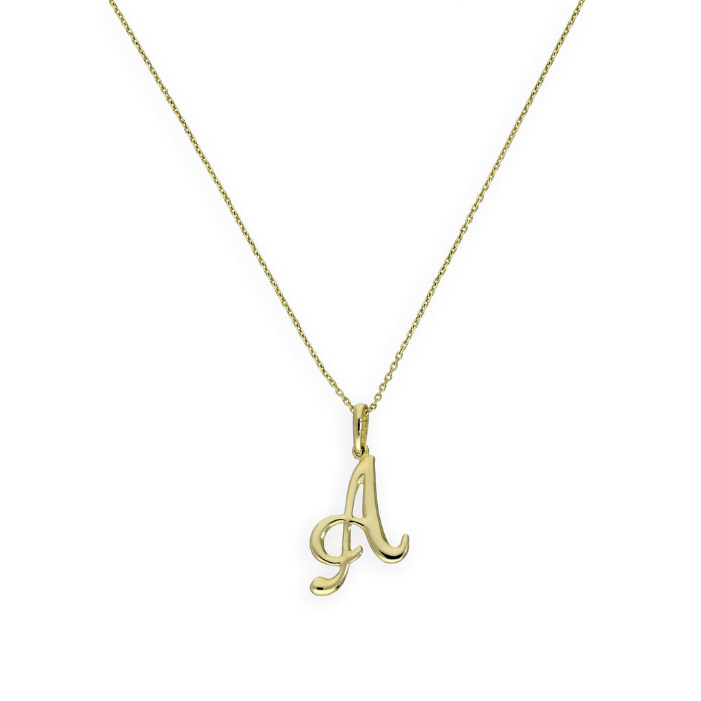 Collier avec pendentif en or 9 carats, motif calligraphie fantaisie, lettre A, 40 à 50 cm