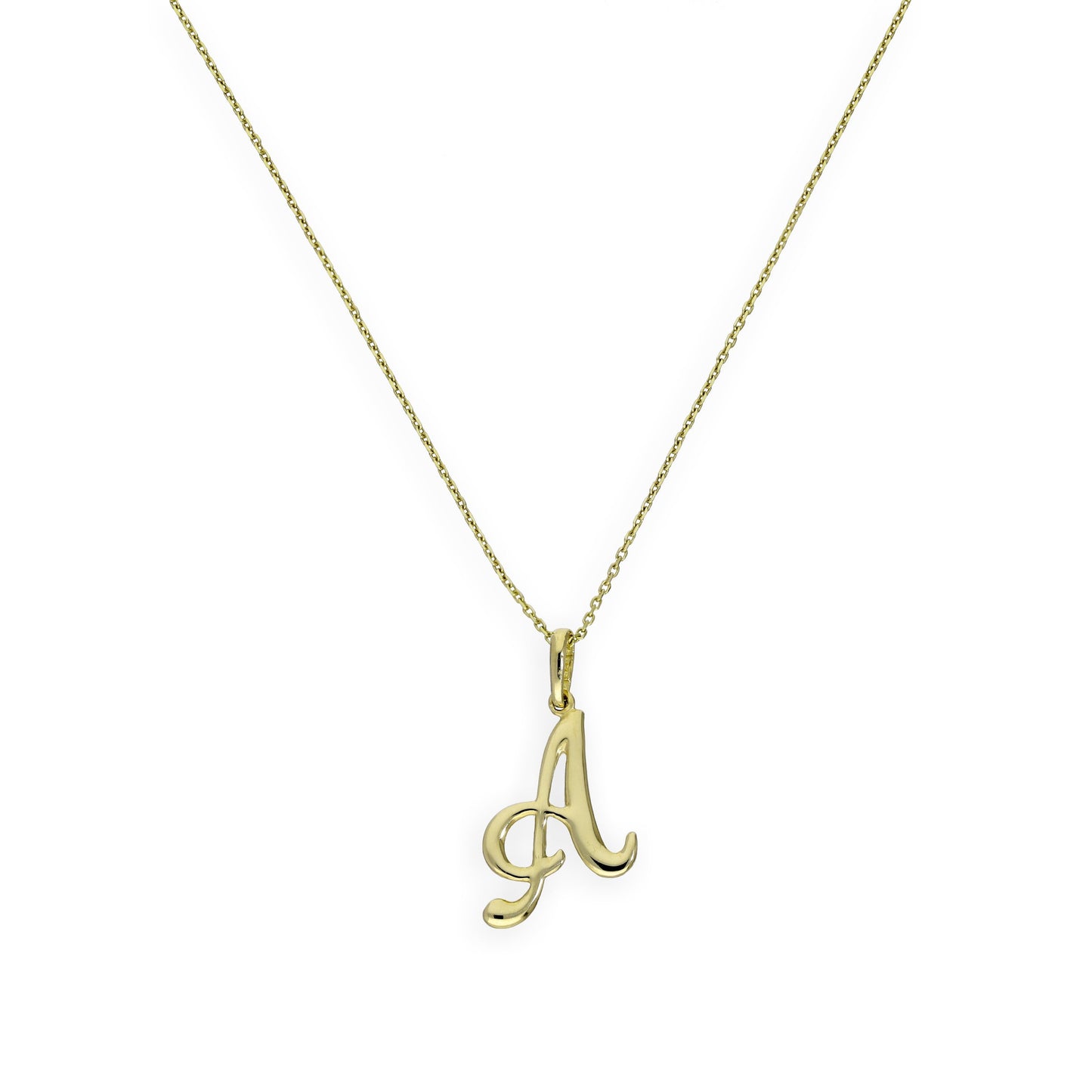 Collier avec pendentif en or 9 carats, motif calligraphie fantaisie, lettre A, 40 à 50 cm