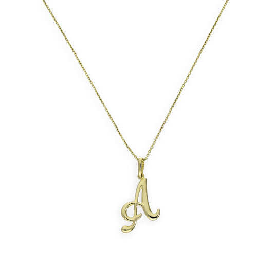 Collier avec pendentif en or 9 carats, motif calligraphie fantaisie, lettre A, 40 à 50 cm