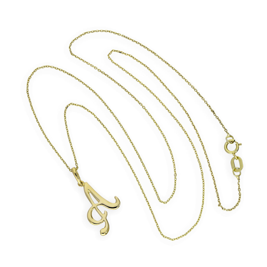 Collier avec pendentif en or 9 carats, motif calligraphie fantaisie, lettre A, 40 à 50 cm