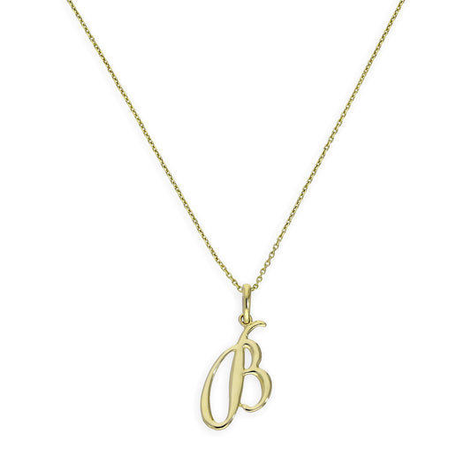 Collier avec pendentif en or 9 carats, lettre B, calligraphie fantaisie, 40 à 50 cm