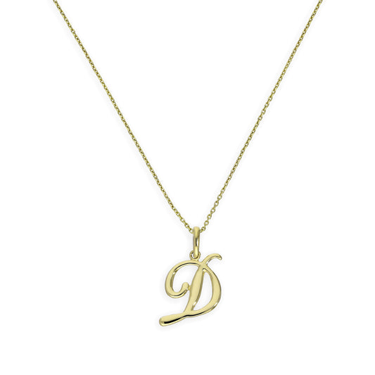 Collier avec pendentif en or 9 carats, lettre D, calligraphie fantaisie, 40 à 50 cm