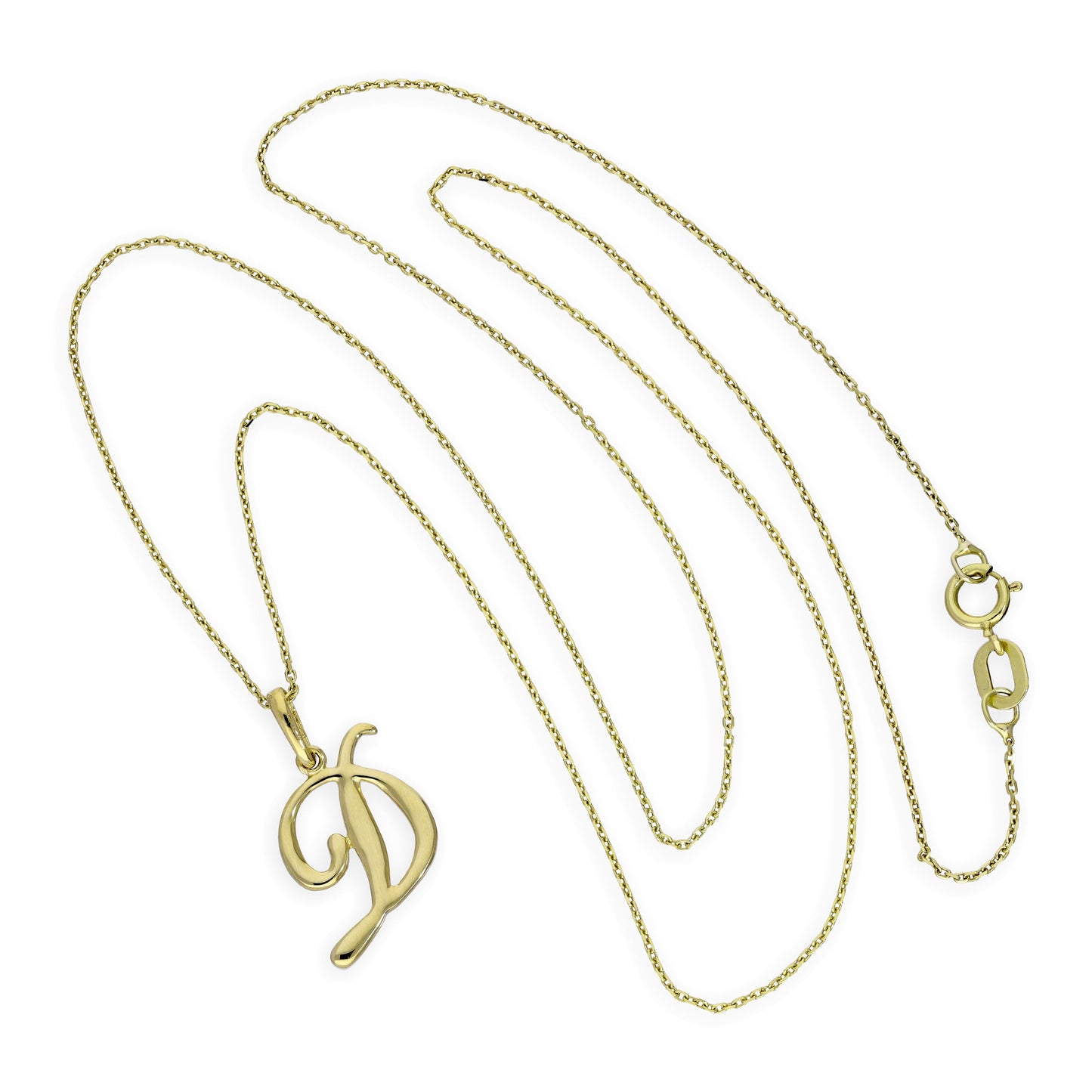 Collier avec pendentif en or 9 carats, lettre D, calligraphie fantaisie, 40 à 50 cm
