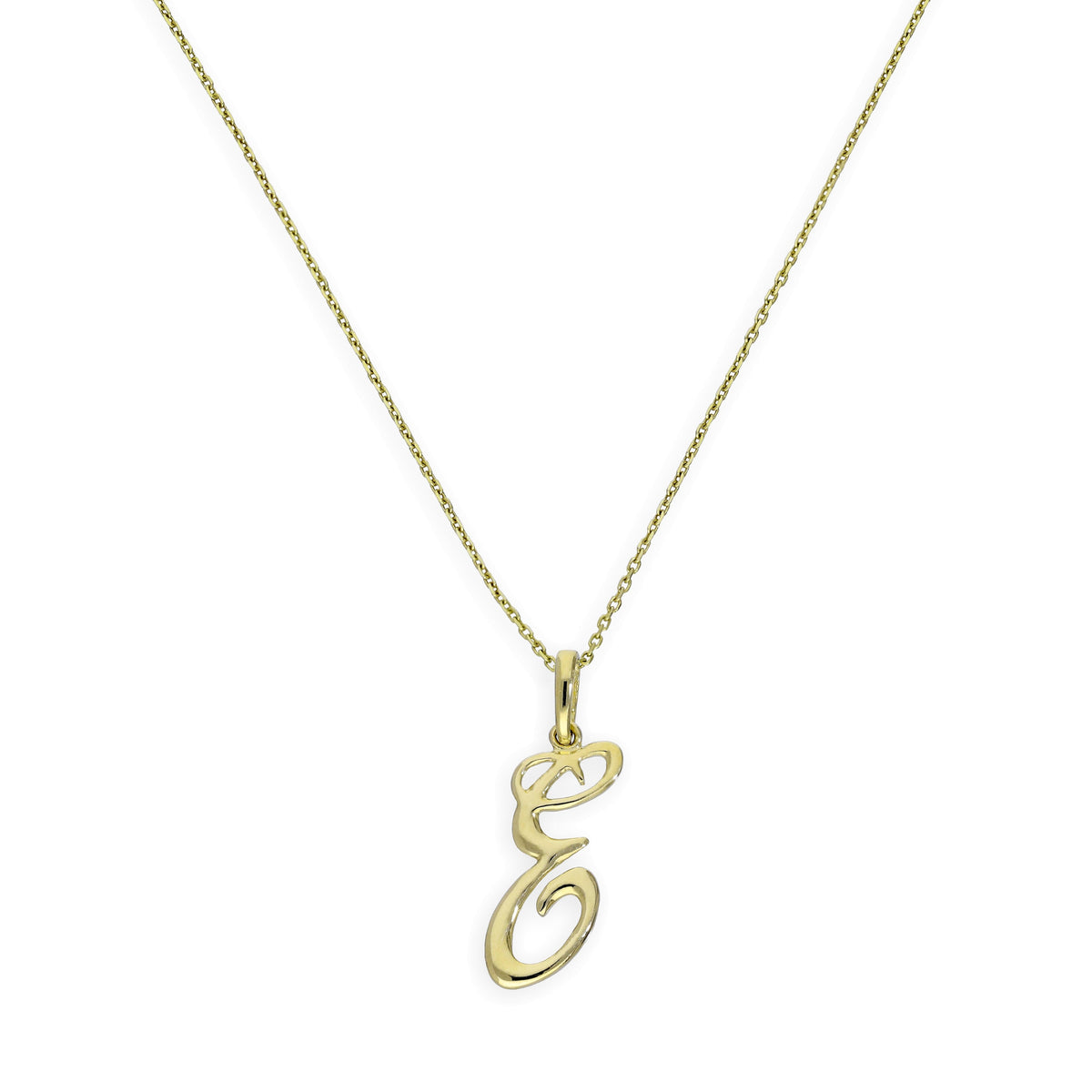 Collier avec pendentif en or 9 carats, lettre E, calligraphie fantaisie, 40 à 50 cm