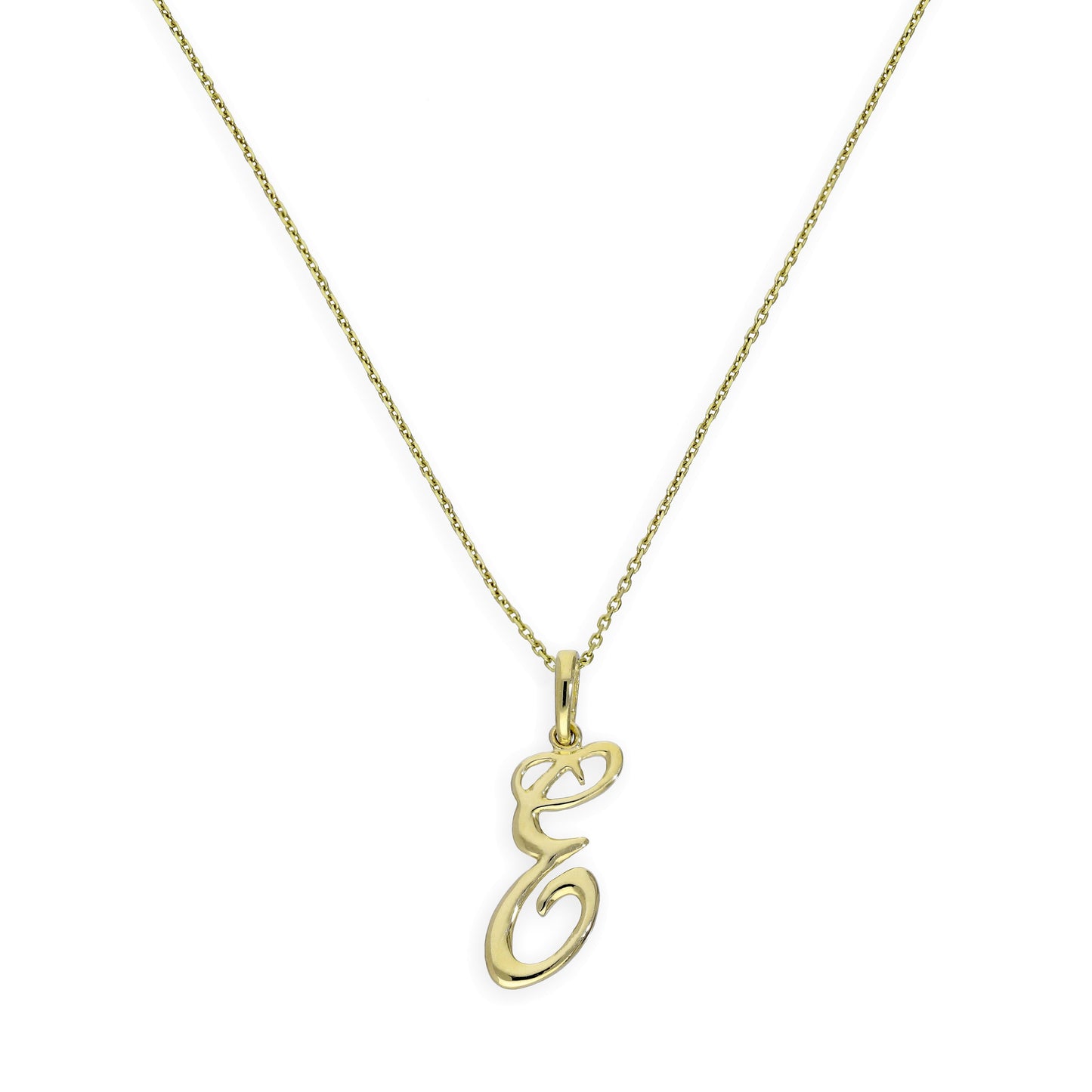 Collier avec pendentif en or 9 carats, lettre E, calligraphie fantaisie, 40 à 50 cm