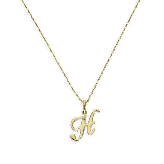 Collier avec pendentif en or 9 carats, lettre H, calligraphie fantaisie, 40 à 50 cm