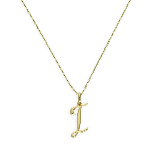Collier avec pendentif en or 9 carats, lettre I, calligraphie fantaisie, 40 à 50 cm