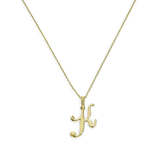 Collier avec pendentif en or 9 carats, lettre K, calligraphie fantaisie, 40 à 50 cm