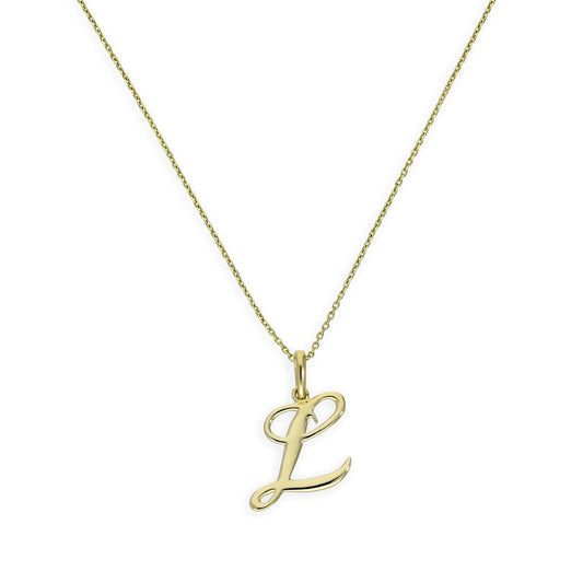Collier avec pendentif en or 9 carats, lettre L, calligraphie fantaisie, 40 à 50 cm