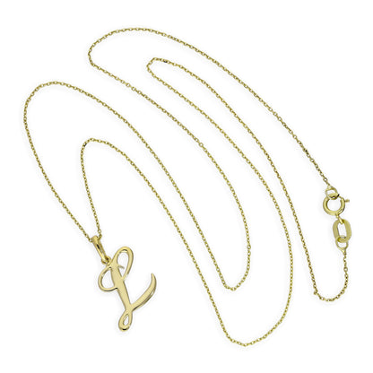 Collier avec pendentif en or 9 carats, lettre L, calligraphie fantaisie, 40 à 50 cm