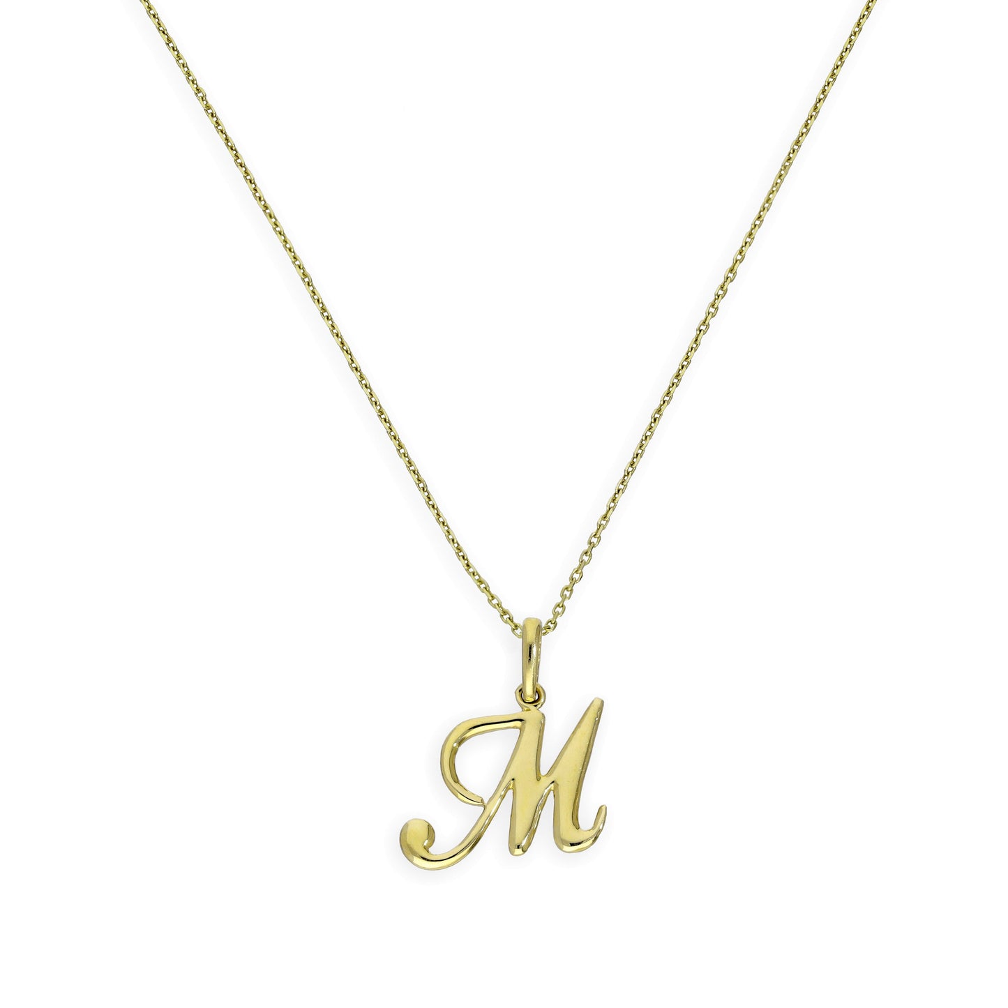Collier avec pendentif en or 9 carats, lettre M, calligraphie fantaisie, 40 à 50 cm