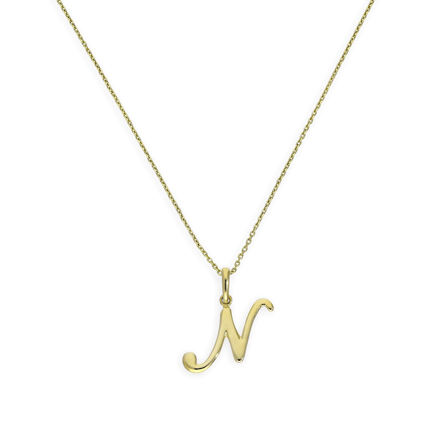 Collier avec pendentif en or 9 carats, lettre N, calligraphie fantaisie, 40 à 50 cm