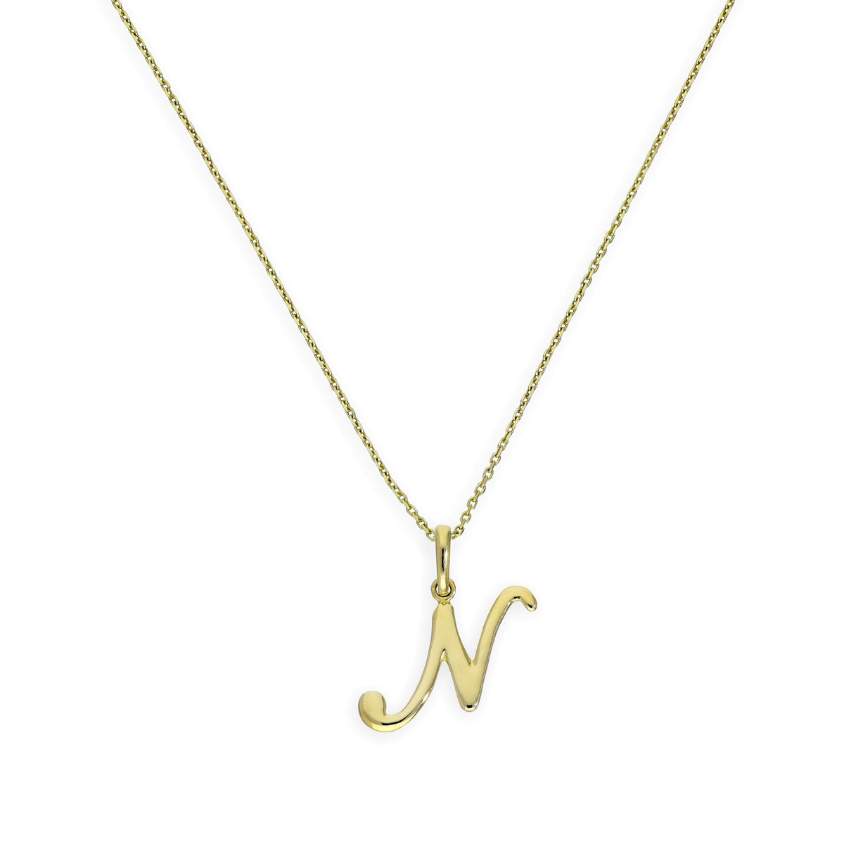 Collier avec pendentif en or 9 carats, lettre N, calligraphie fantaisie, 40 à 50 cm