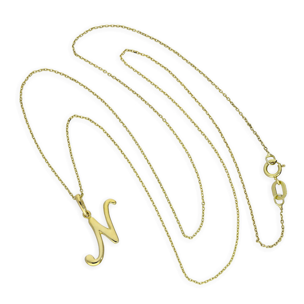 Collier avec pendentif en or 9 carats, lettre N, calligraphie fantaisie, 40 à 50 cm