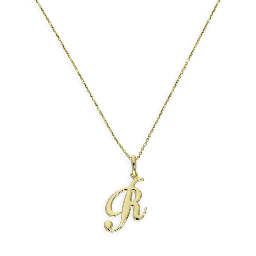 Collier avec pendentif en or 9 carats, lettre R, calligraphie fantaisie, 40 à 50 cm