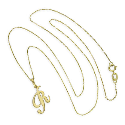 Collier avec pendentif en or 9 carats, lettre R, calligraphie fantaisie, 40 à 50 cm