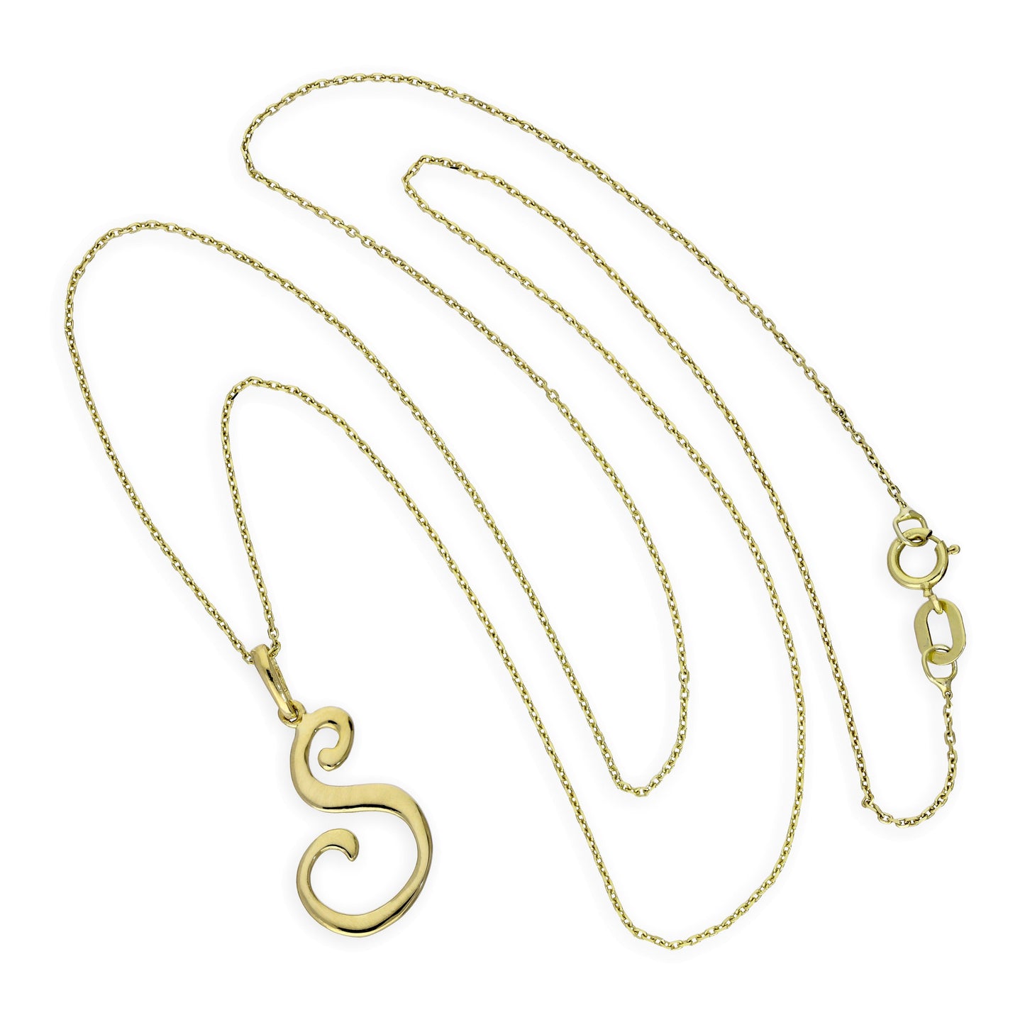 Collier avec pendentif en or 9 carats, lettre S, calligraphie fantaisie, 40 à 50 cm