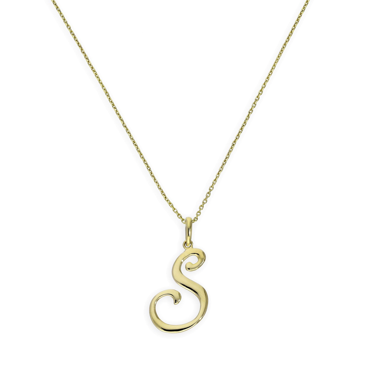 Collier avec pendentif en or 9 carats, lettre S, calligraphie fantaisie, 40 à 50 cm