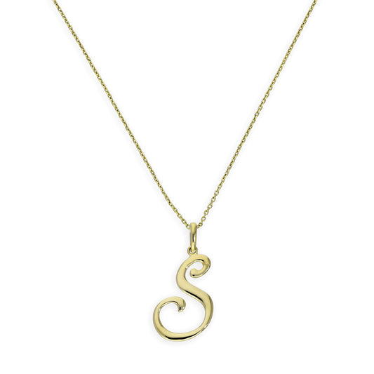 Collier avec pendentif en or 9 carats, lettre S, calligraphie fantaisie, 40 à 50 cm