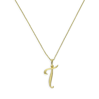 Collier avec pendentif en or 9 carats, motif calligraphie fantaisie, lettre T, 40 à 50 cm