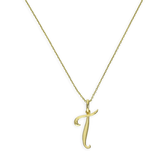 Collier avec pendentif en or 9 carats, motif calligraphie fantaisie, lettre T, 40 à 50 cm
