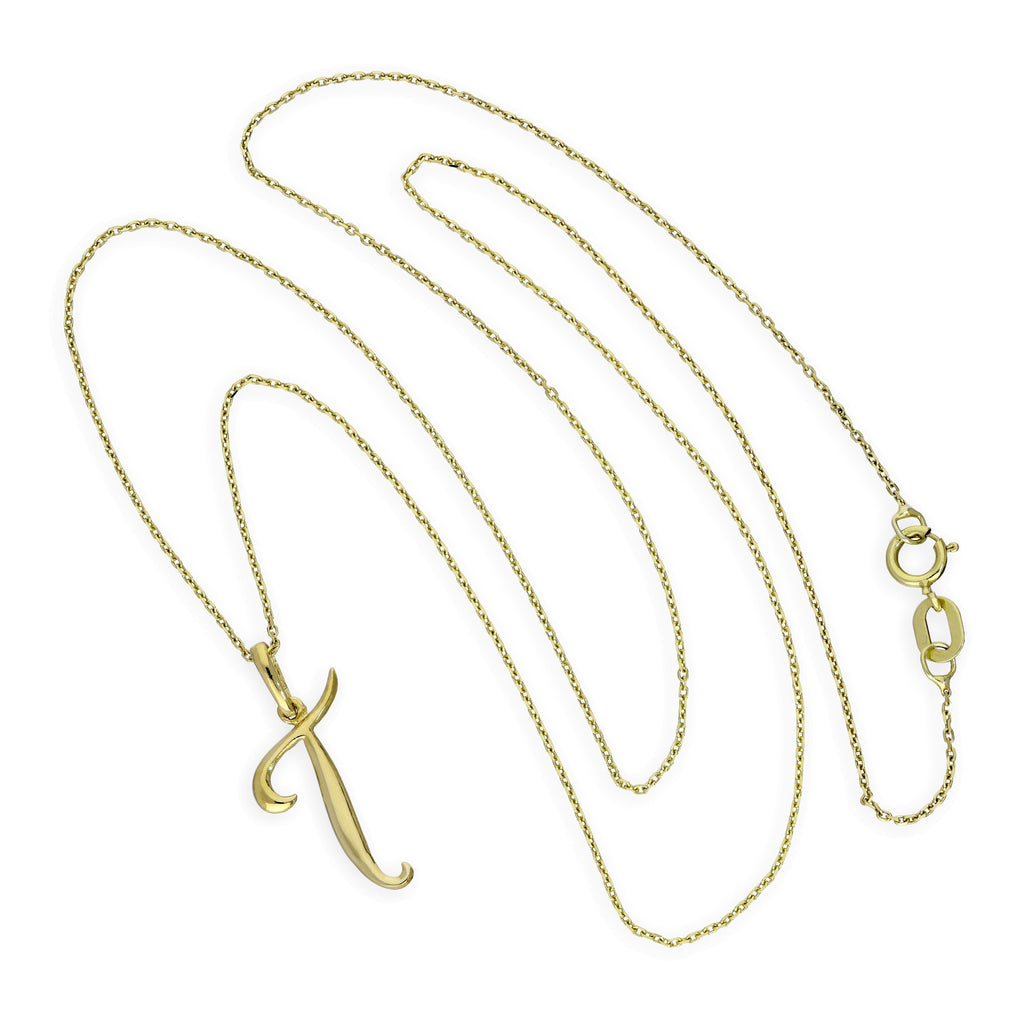 Collier avec pendentif en or 9 carats, motif calligraphie fantaisie, lettre T, 40 à 50 cm