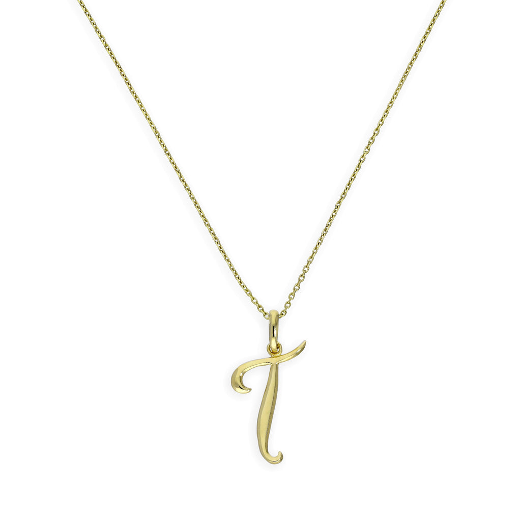 Collier avec pendentif en or 9 carats, motif calligraphie fantaisie, lettre T, 40 à 50 cm