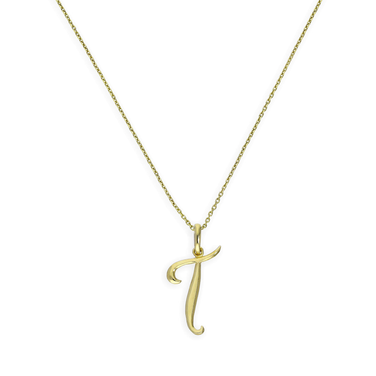 Collier avec pendentif en or 9 carats, motif calligraphie fantaisie, lettre T, 40 à 50 cm