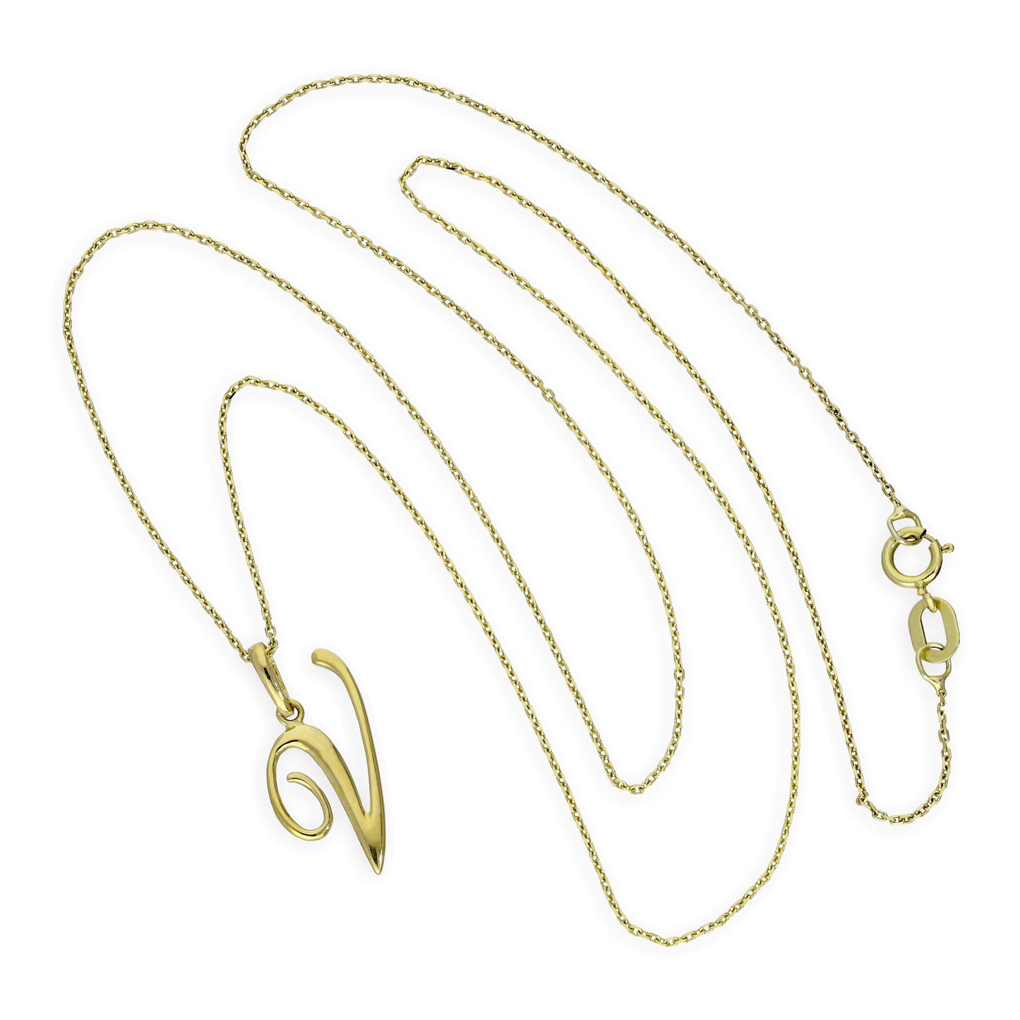 Collier avec pendentif en or 9 carats, lettre V, calligraphie fantaisie, 40 à 50 cm
