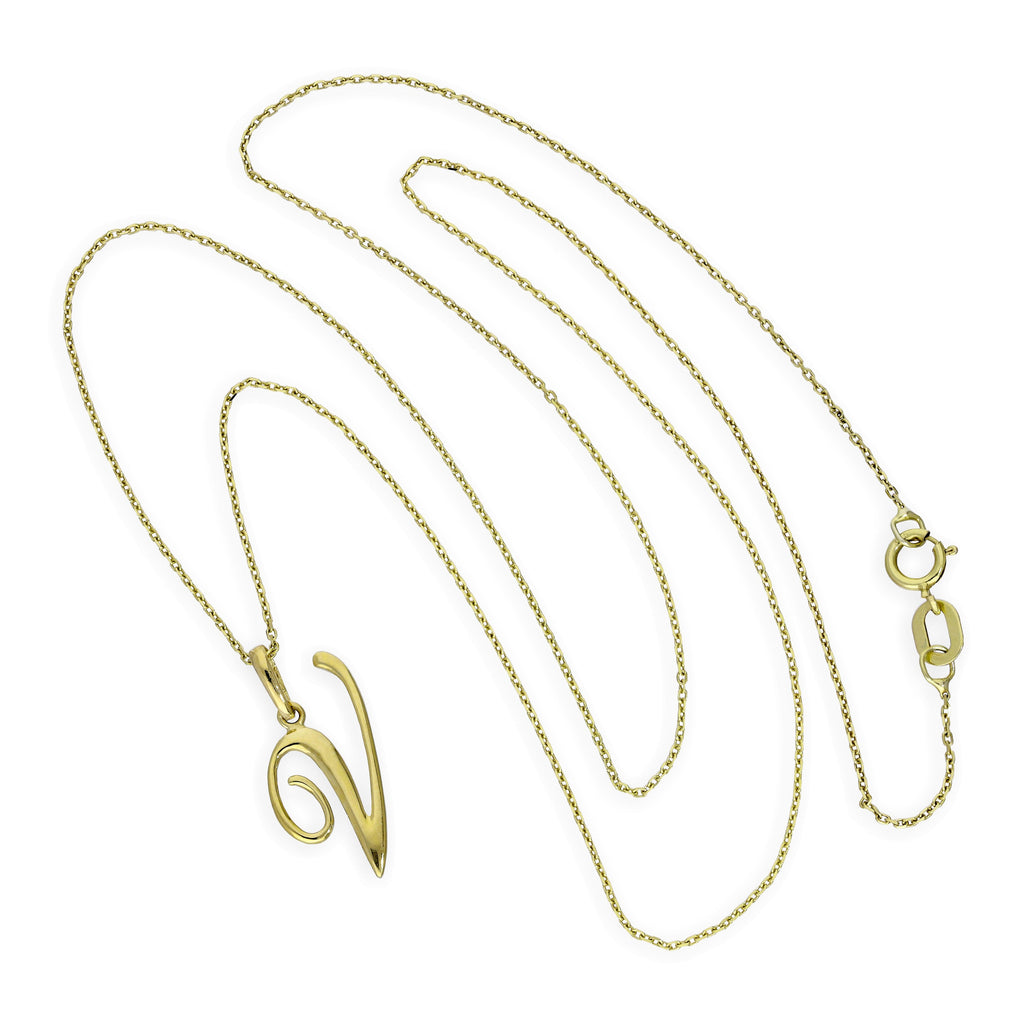 Collier avec pendentif en or 9 carats, lettre V, calligraphie fantaisie, 40 à 50 cm