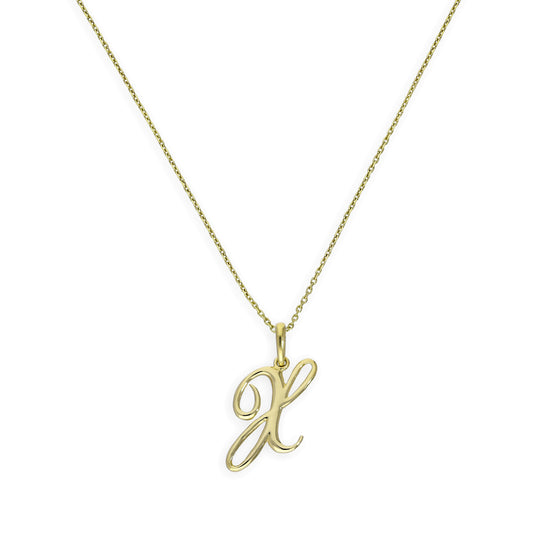 Collier avec pendentif en or 9 carats, lettre X, calligraphie fantaisie, 40 à 50 cm