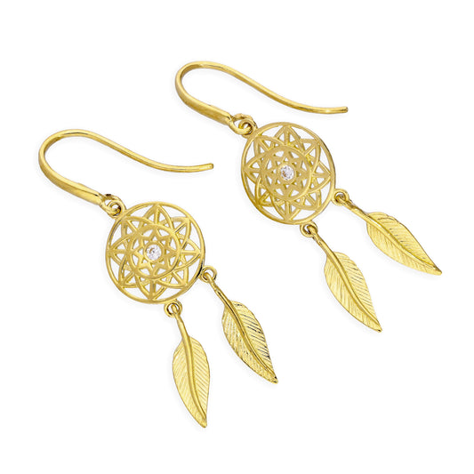 Boucles d'oreilles pendantes attrape-rêves en or 9 carats et cristal CZ transparent