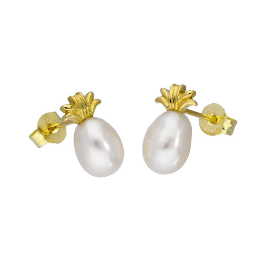 Boucles d'oreilles ananas en or 9 carats et perles de 5 mm