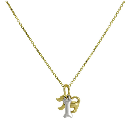 Pendentif chien en or jaune 9 carats avec os en or blanc 9 carats sur chaîne de 40 à 50 cm