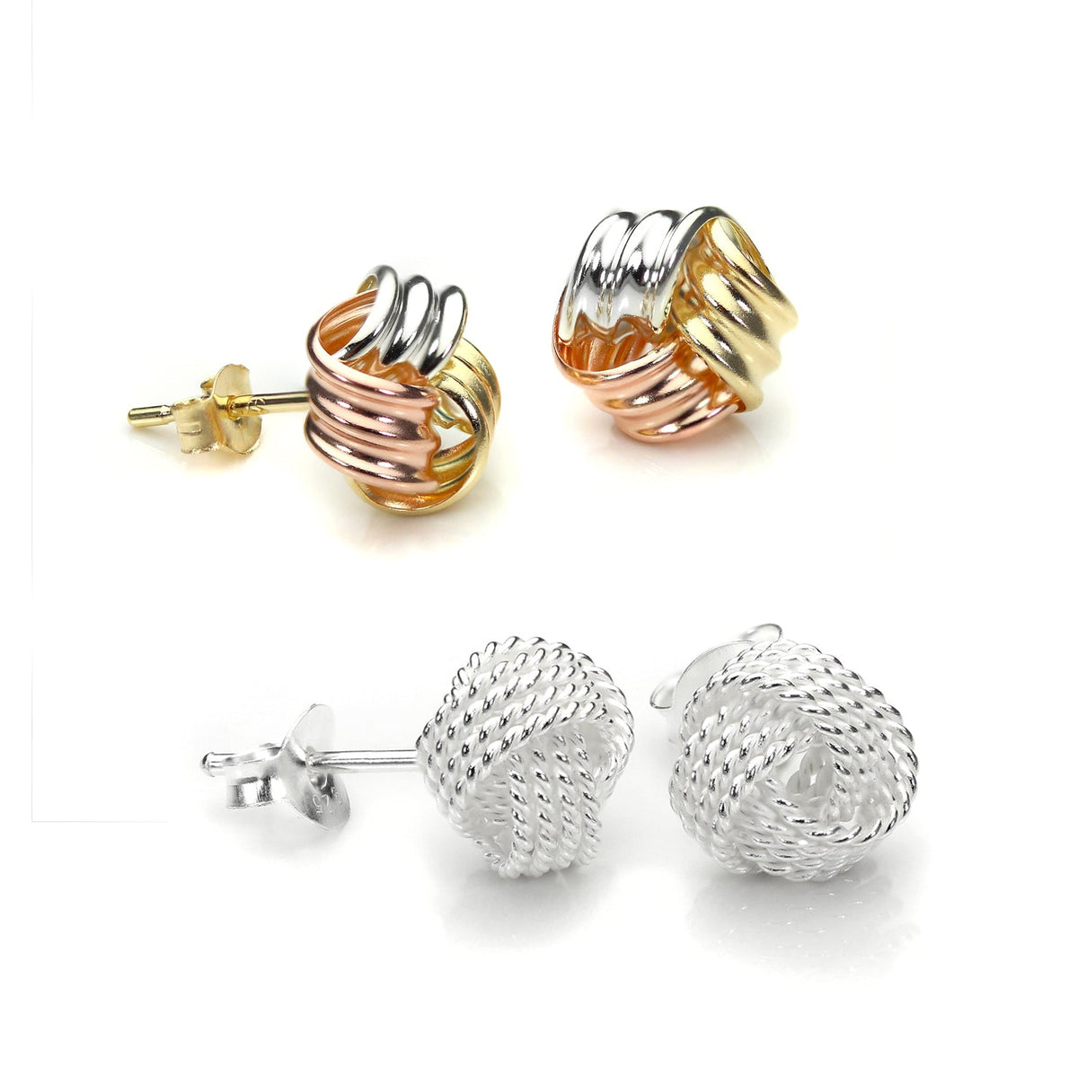 Boucles d'oreilles à tige en argent sterling et or 9 carats tricolores de 8 mm