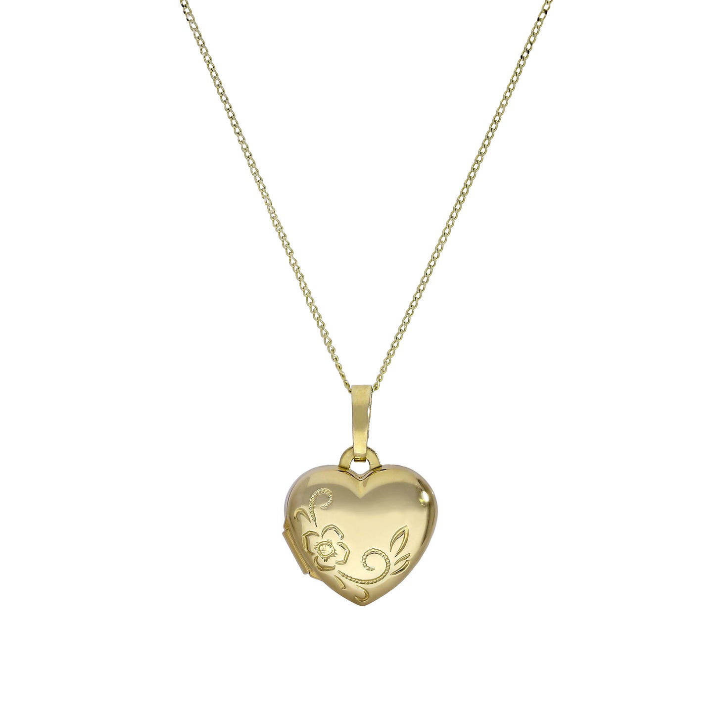 Petit médaillon en forme de cœur gravable en or 9 carats avec motif floral sur chaîne de 40 à 50 cm