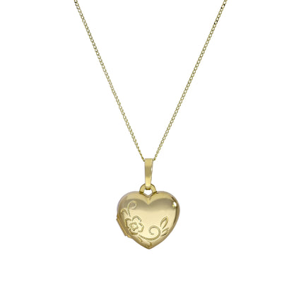Petit médaillon en forme de cœur gravable en or 9 carats avec motif floral sur chaîne de 40 à 50 cm