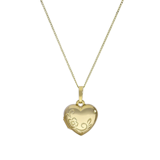 Petit médaillon en forme de cœur gravable en or 9 carats avec motif floral sur chaîne de 40 à 50 cm