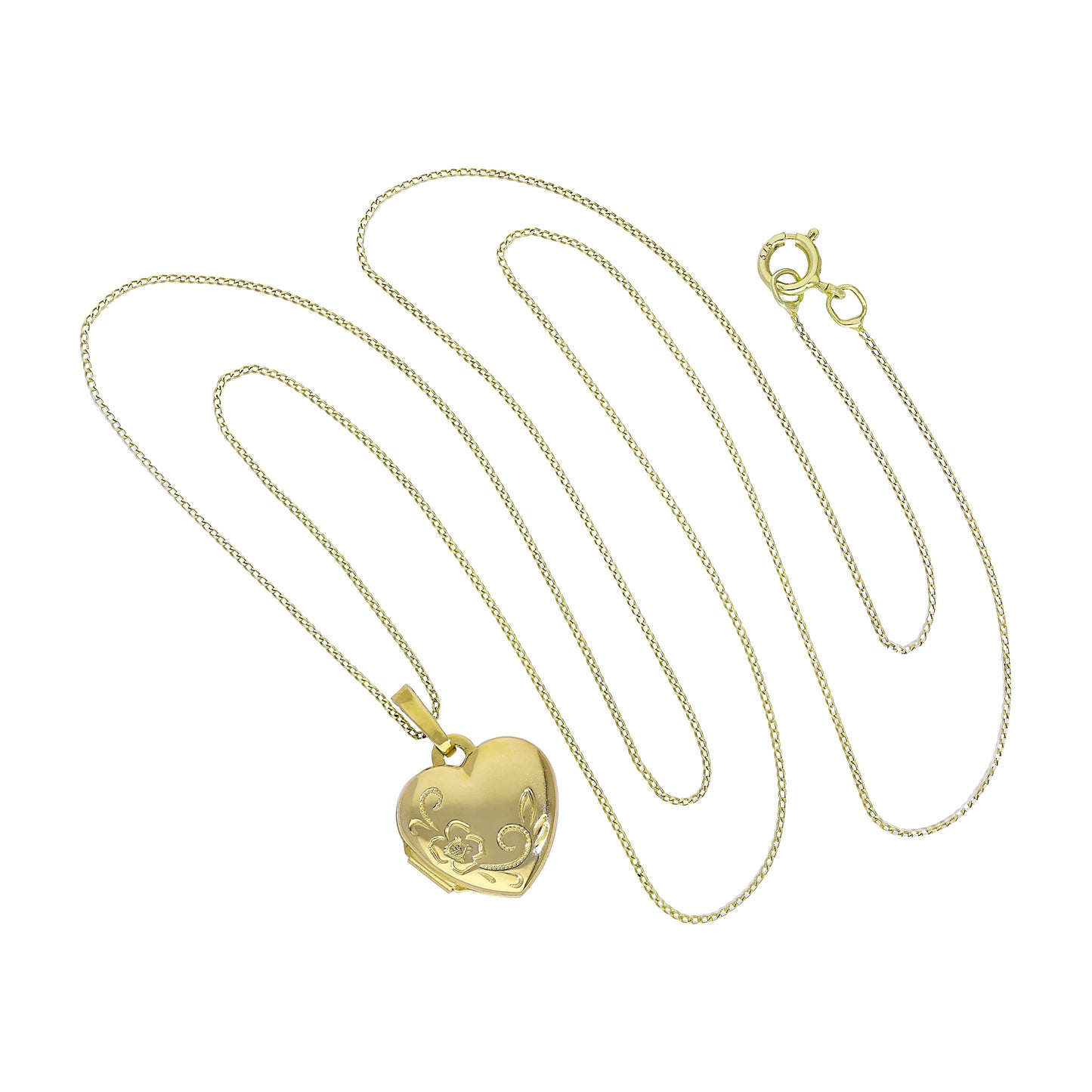 Petit médaillon en forme de cœur gravable en or 9 carats avec motif floral sur chaîne de 40 à 50 cm