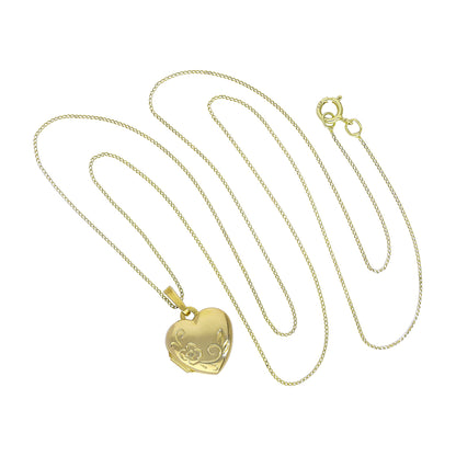 Petit médaillon en forme de cœur gravable en or 9 carats avec motif floral sur chaîne de 40 à 50 cm