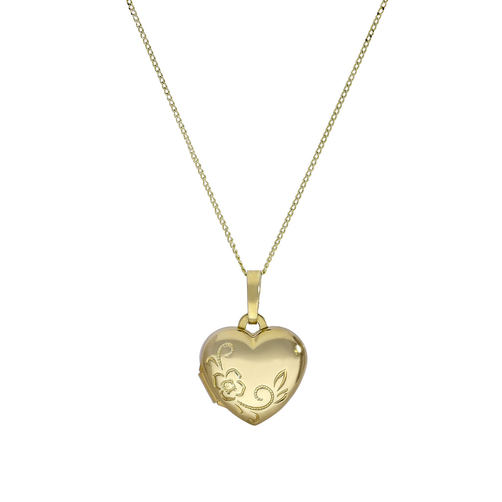 Petit médaillon en forme de cœur gravable en or 9 carats avec motif floral sur chaîne de 40 à 50 cm