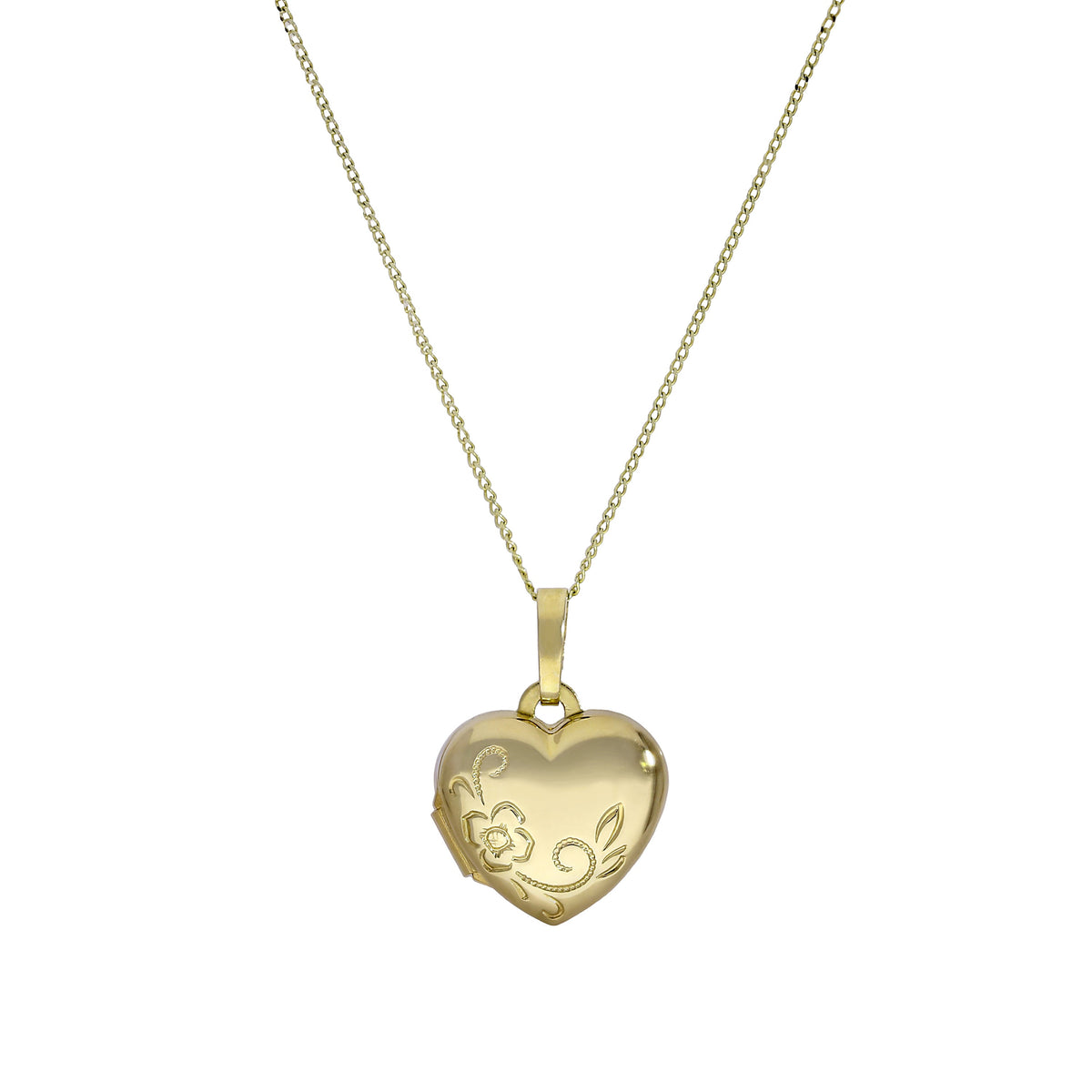 Petit médaillon en forme de cœur gravable en or 9 carats avec motif floral sur chaîne de 40 à 50 cm