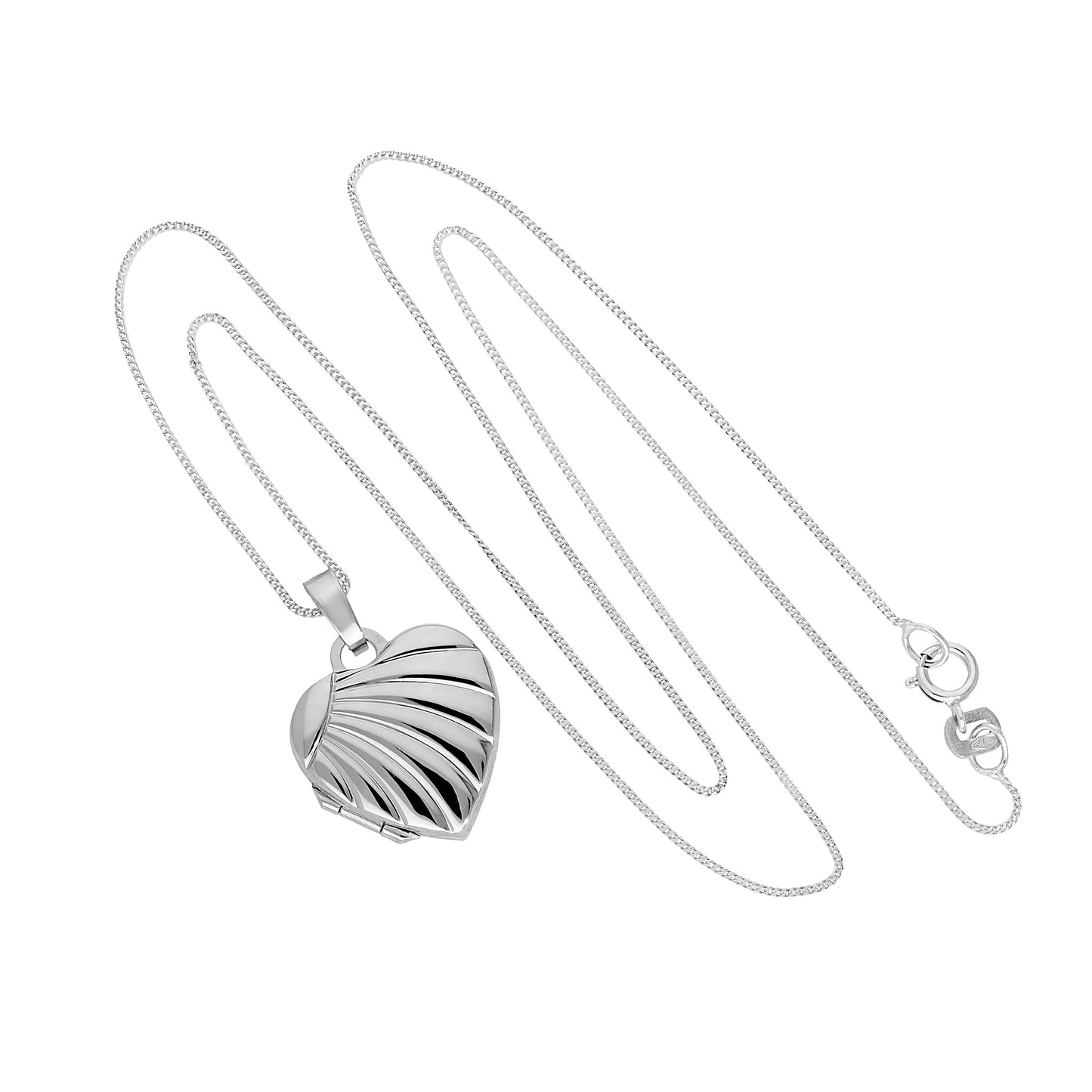 Médaillon en forme de cœur sur chaîne en or blanc 9 carats avec motif rayons de soleil, 40 à 45 cm