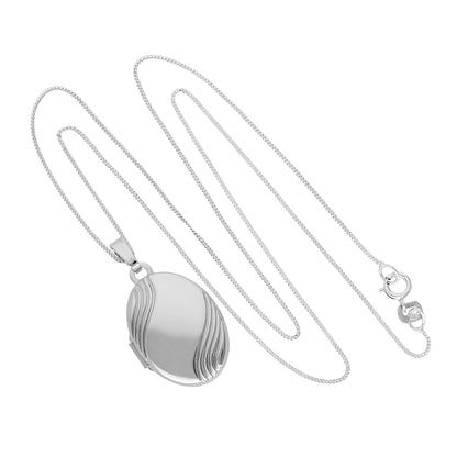 Médaillon ovale gravable en or blanc 9 carats avec motif ondulé sur chaîne de 40 à 45 cm