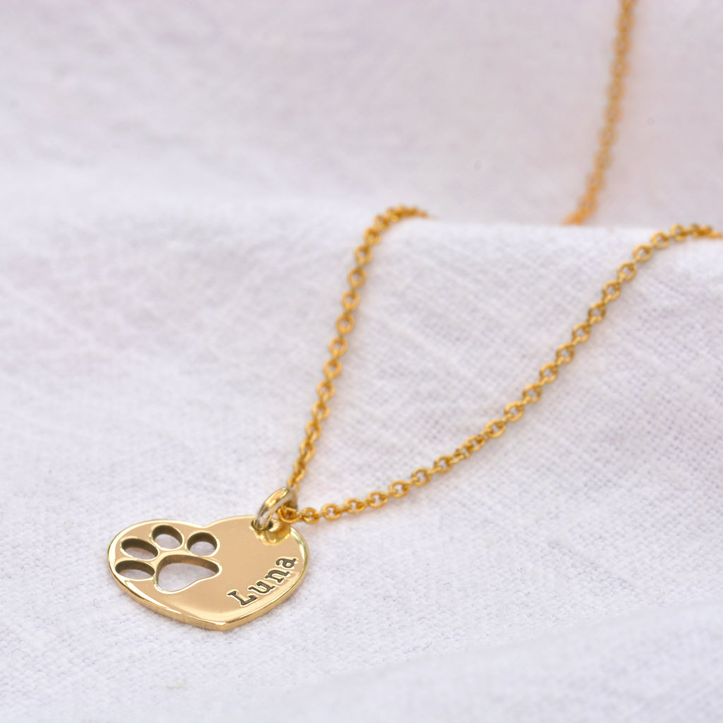 Collier personnalisé en argent sterling avec nom de patte et cœur