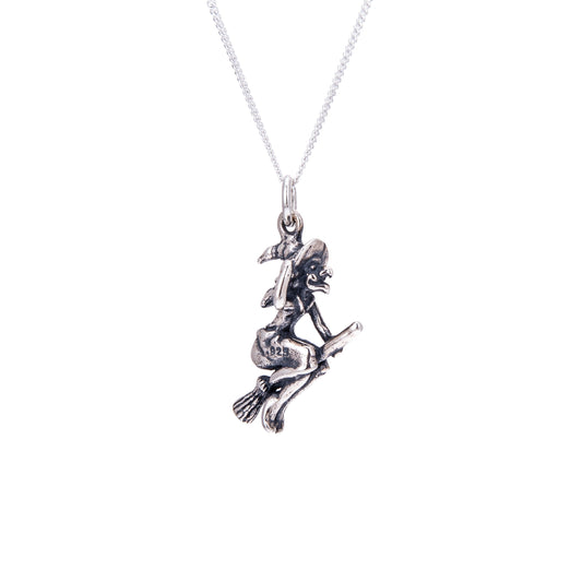 Collier en argent sterling avec sorcière sur balai